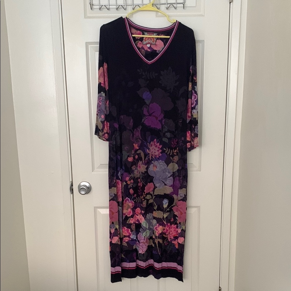 Johnny Was Black Maxi Dress with Pink & Purple Floral Print